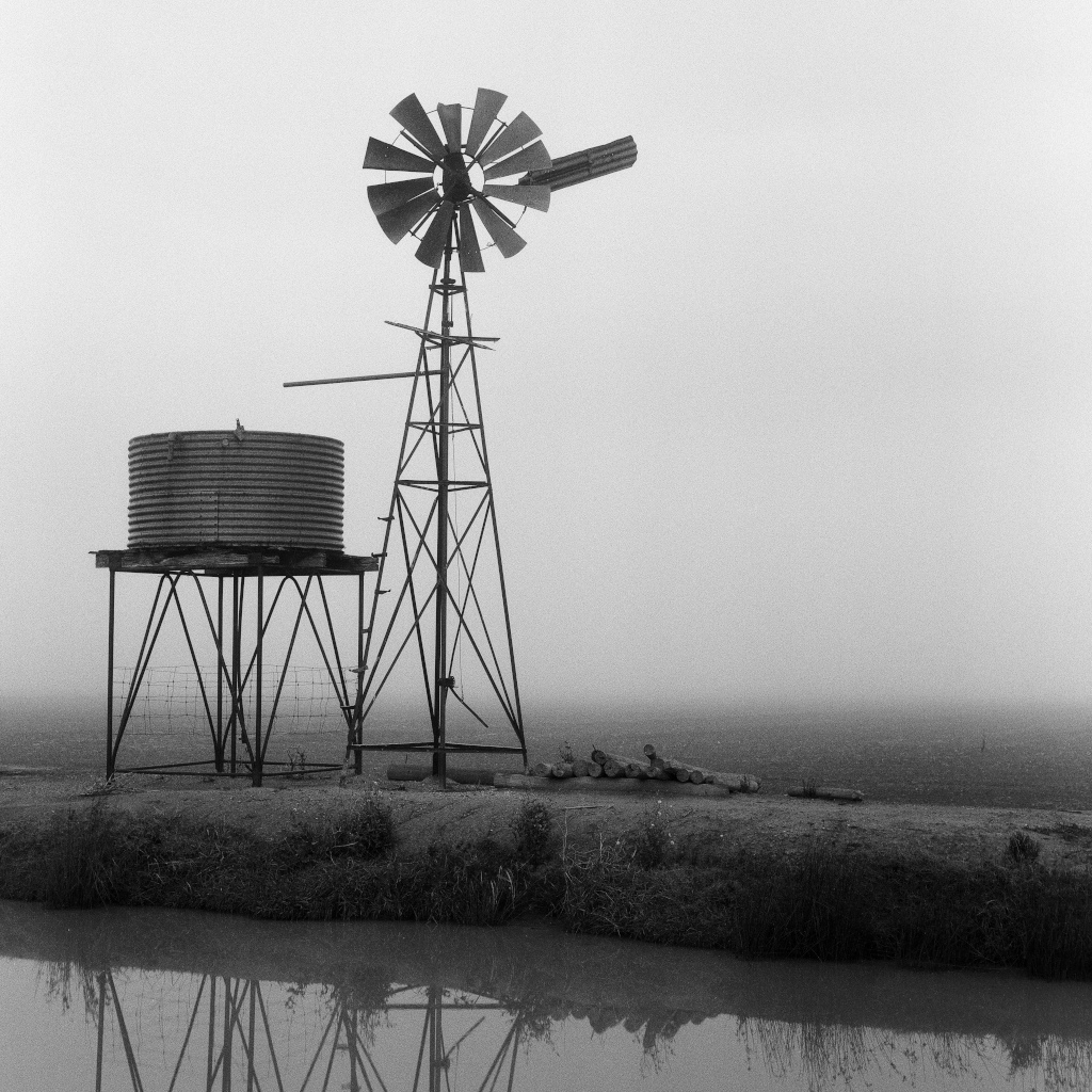 Windmill in Fog, Australian farm landscape